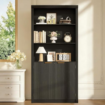 5-Shelf Bookcase with Doors – Adjustable Shelves & Large Storage Cabinet – Modern Wooden Bookshelf for Home Office or Living Room – Freestanding Floor