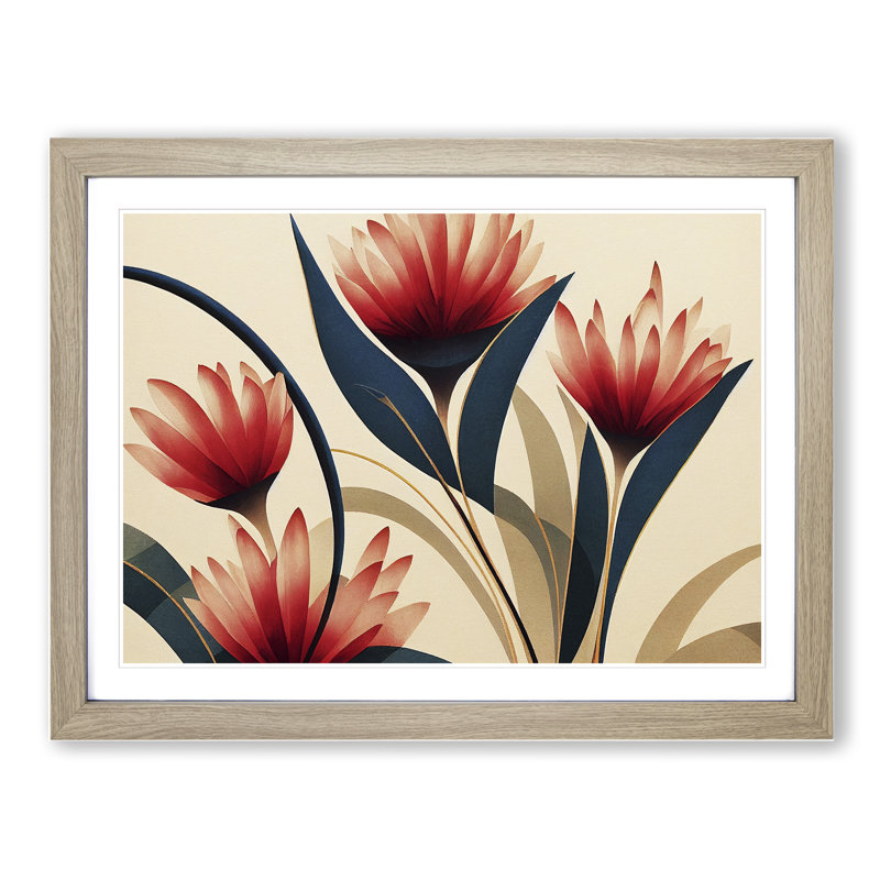Serene Flowers Deco - Framed Print, 25cm H x 34cm W x 2cm D, Oak
