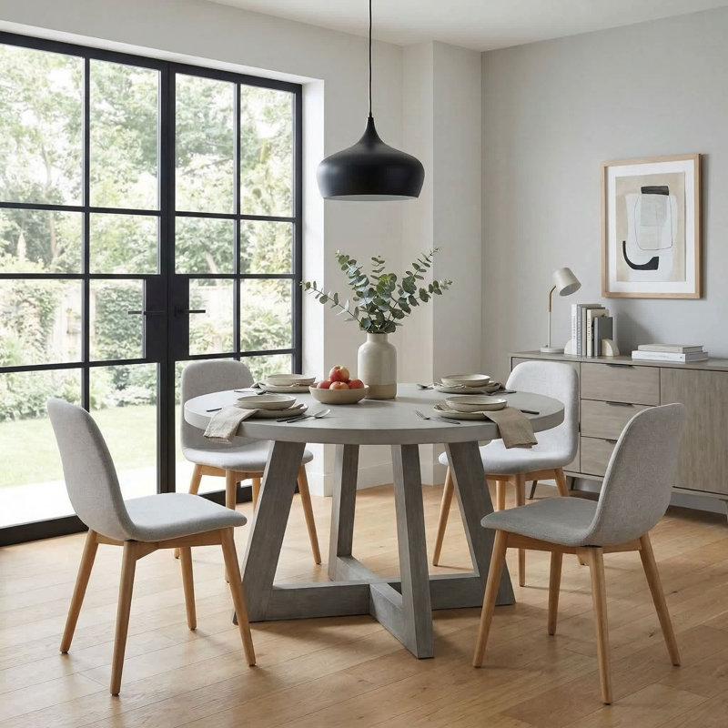 Table de salle à manger ronde avec dessus gris anthracite et piètement en acacia brossé, 130 cm