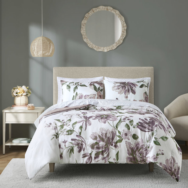 Édredon avec lit à motif floral taupe et microfibre