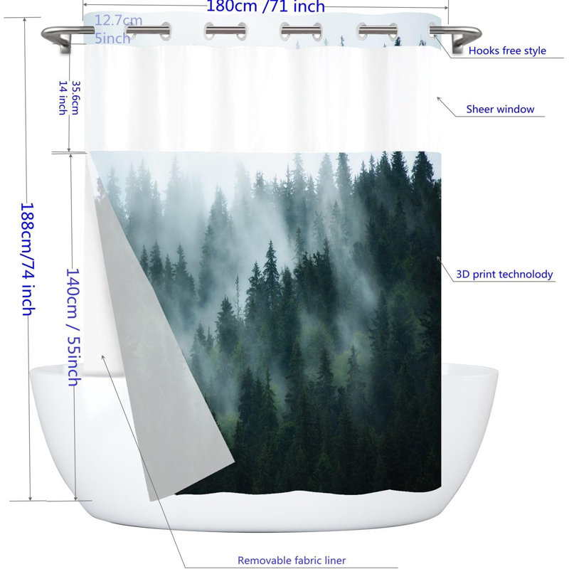No Hook Shower Curtain With Snap-In Liner, Double Layer Waterproof Fabric With Mesh Top Window, Nature Landscape Misty Forest Design, Hotel Style Easy Installation, Machine Washable