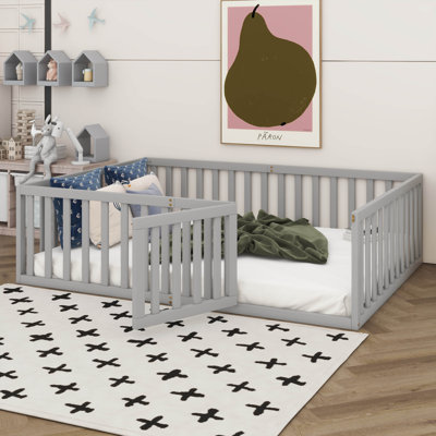 Full Size Daybed With Rails, Wood Montessori Floor Bed Frame With Fence And Door For Kids Girls Boys