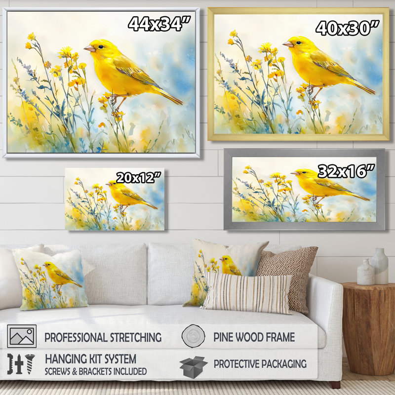 Oiseau pinson sur une tige de fleurs sauvages II - oiseau, art mural, Argent argent, Cadre simple, H 12 po x l 20 po