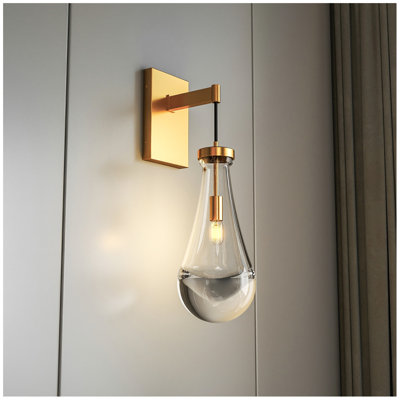 Brass Wall Sconce, Modern Raindrop Glass Shade, Dimmable LED E12 Bulb, Fits Bathroom, Vanity, Living Room, Brass, 1 Pack