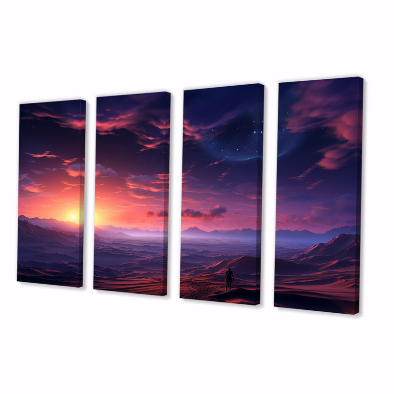 «Rose and Blue Nocturnal Desert Dunescape Sunset», art mural 4 pièces, H 32 po x l 64 po