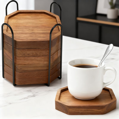 Ensemble de sous-verres rustiques en bois avec support, 6 sous-verres octogonaux pour la décoration intérieure, conception antidérapante, bord à rebord pour la protection contre les déversements, accessoires de boissons durables et élégants