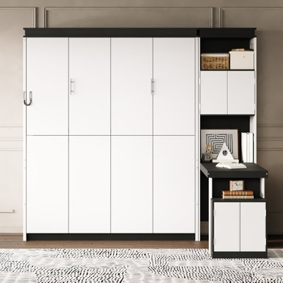 Full Size Murphy Bed with Desk and Storage Shelves and Cabinets, White
