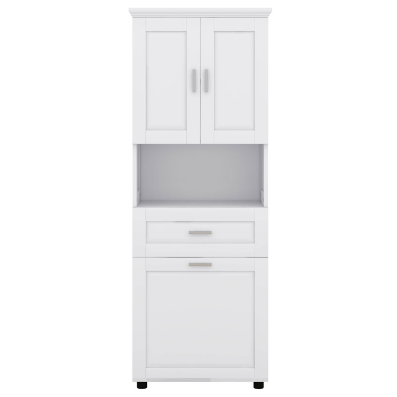 Armoire de buanderie avec panier à linge inclinable et tiroir, armoire de rangement haute en bois avec portes et tablettes réglables, autoportante