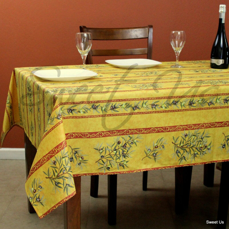 Wipeable Stain Resistant Acrylic Coated French Provencal Cotton Olive Floral Tablecloth, 78" x 60", Yellow