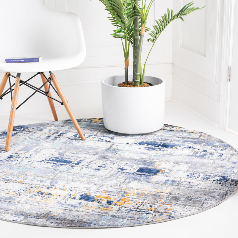 Tapis gris / bleu , Rond 3 pi 7 po