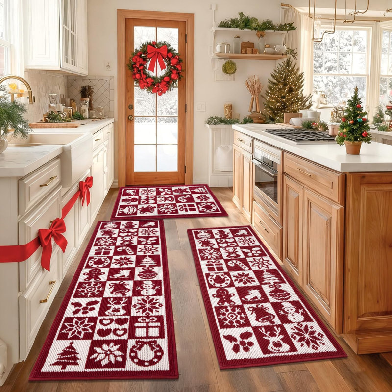Christmas Red Kitchen Rug Mat (Set of 3), Red