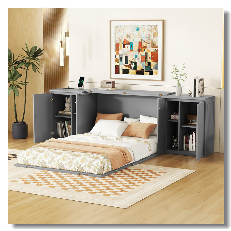Lit escamotable avec tablettes, armoires et ports USB, Gris, Double
