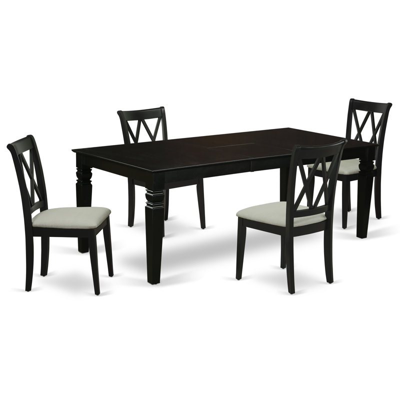 5 Piece Dining Table Set for 4 Includes a Rectangle Kitchen Table with Butterfly Leaf and 4 Linen Fabric Dining Room Chairs, Black