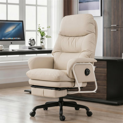 Reclining Office Chair with Faux Leather Upholstery, 4 Position Backrest and Retractable Footrest, Beige