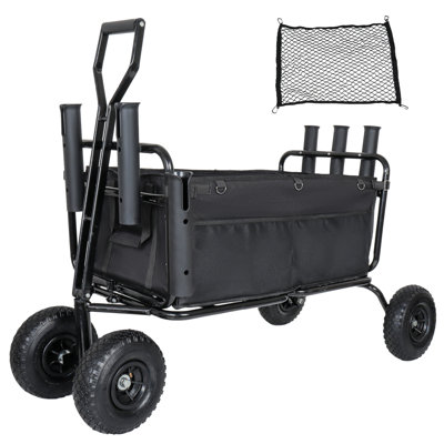 Chariot de pêche, chariot de plage, chariot pliable, roues tout-terrain 9,85 po pour le sable, chariot de jardin robuste avec porte-cannes, porte-parapluie et poches de rangement, grande capacité de 550 lb