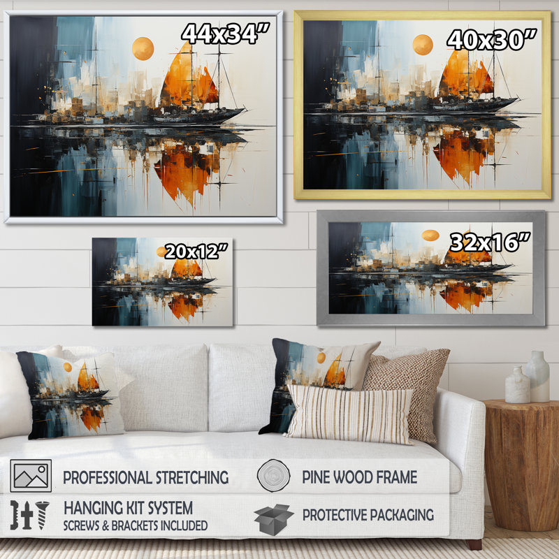 «Moonlight Saiboat Collage Horizon III - Bateau à voile, art mural», H 34 po x l 44 po x P 1,5 po, Cadre d'angle fermé noir