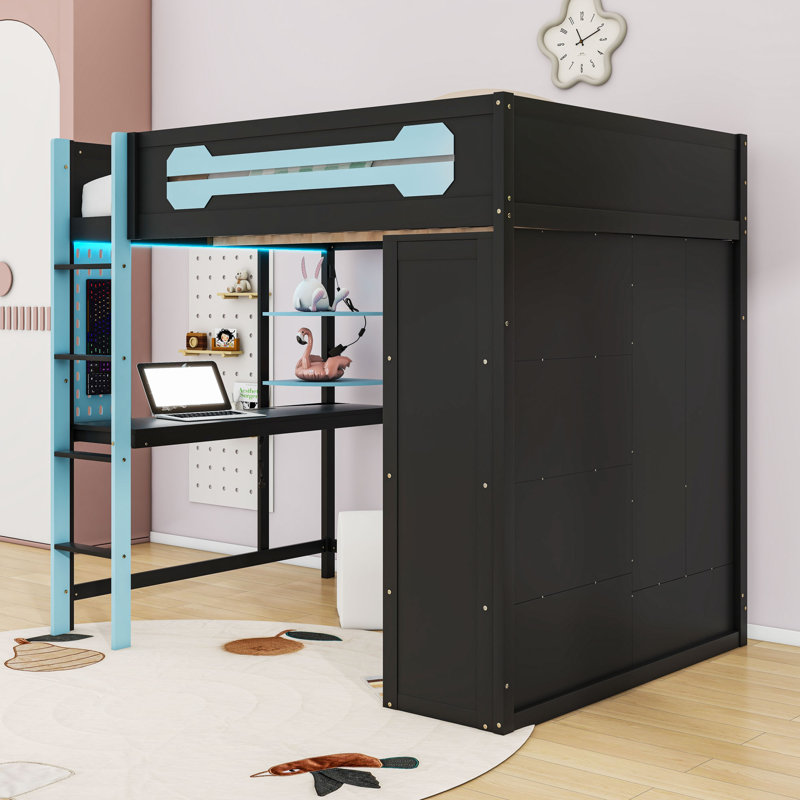 Lit mezzanine avec bureau, garde-robe, lumières RVB et ports USB, Bleu