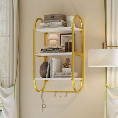 3-Tier Floating Wall Shelf with Towel Bar and Hooks, Rustproof Metal Display Rack for Bathroom Kitchen Storage