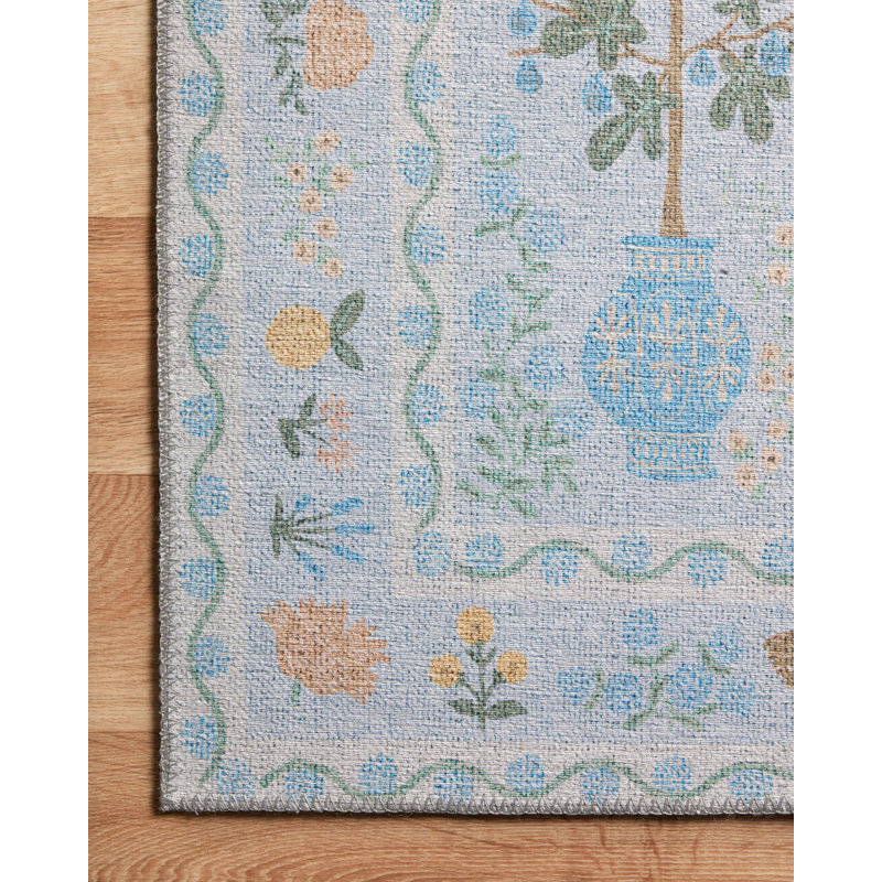 Tapis bleu clair Rifle Paper Co. x Loloi Menagerie Men-03 Camont, Rectangle 3 pi 9 po x 5 pi 9 po