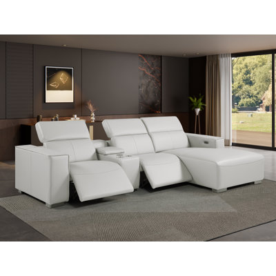 Canapé modulaire en L en cuir véritable 4 pièces faisant face à droite gris clair avec 2 fauteuils inclinables et appuis-tête réglables