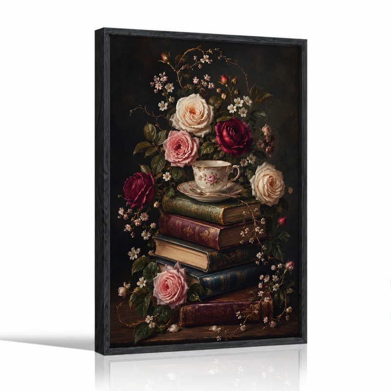 Roses roses et bourgogne avec livres empilés et art mural d'Halloween, 36"H x 24"W