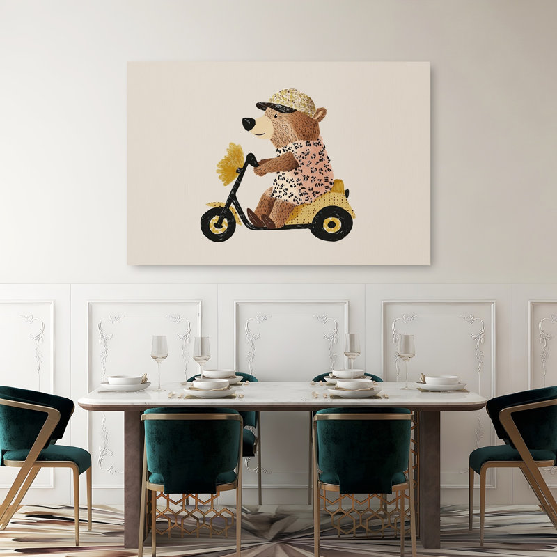 Playful Bear On Scooter Contemporary Wall Art Print by Mathieu - Wrapped Canvas Print, 101.6cm H x 152.4cm W