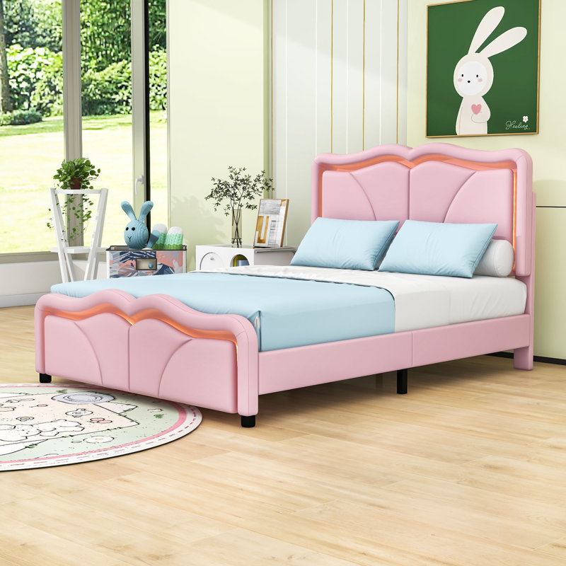 Lit plateforme tapissier avec lumières DEL et tête de lit à hauteur réglable, Double, Rose