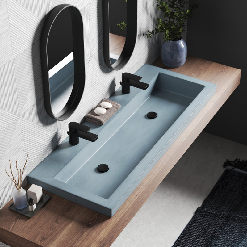 Trough Concrete Handmade Rectangular Drop-in Bathroom Sink, Slate, Two Holes Faucet