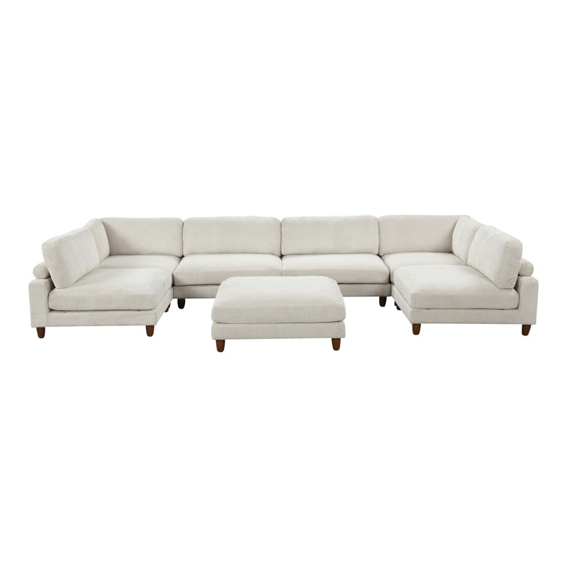 Canapé modulaire en U avec repose-pieds Avanna, Velours côtelé beige