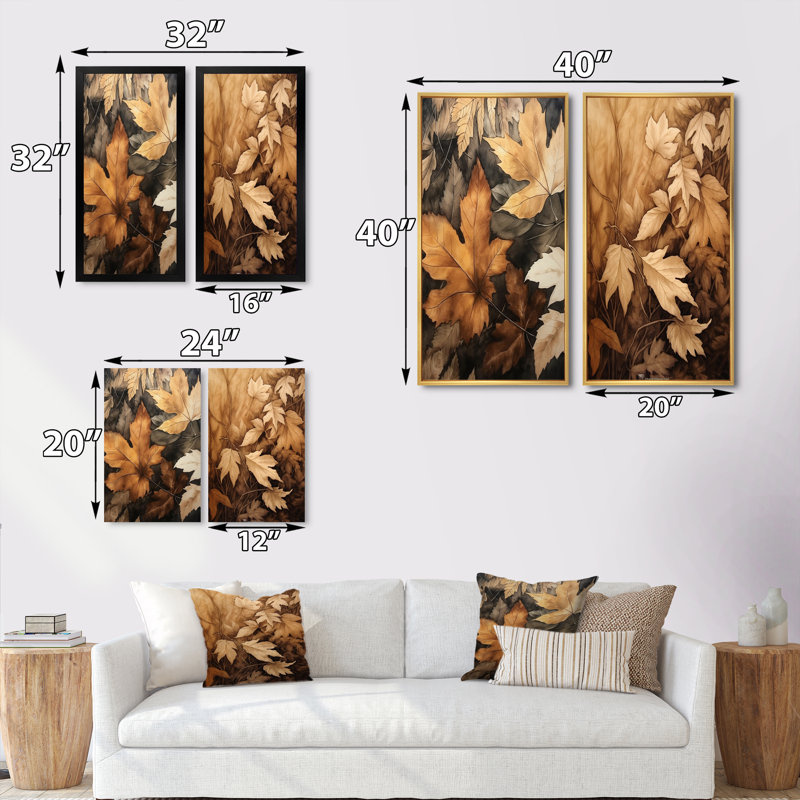 «Brown Beige Leafs Harmony», 2 pièces sur toile, Toile tendue, H 32 po x l 32 po
