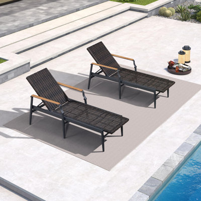 Outdoor Chaise Lounge Chair Set Of 2 Aluminum Frame Wicker Weave Chairs With Wooden Armrests