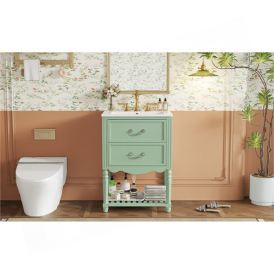 Meuble-lavabo de 24 po avec lavabo en céramique, armoire de salle de bain avec deux tiroirs à fermeture en douceur et une tablette ouverte