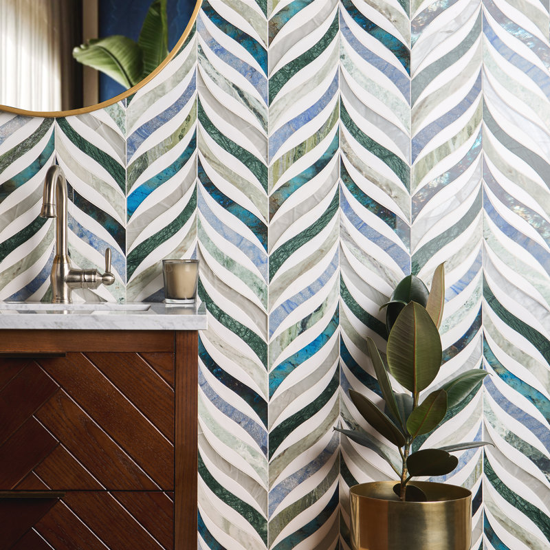 Begonia 12x15 Polished Marble Mosaic Tile, Verde Azul Green