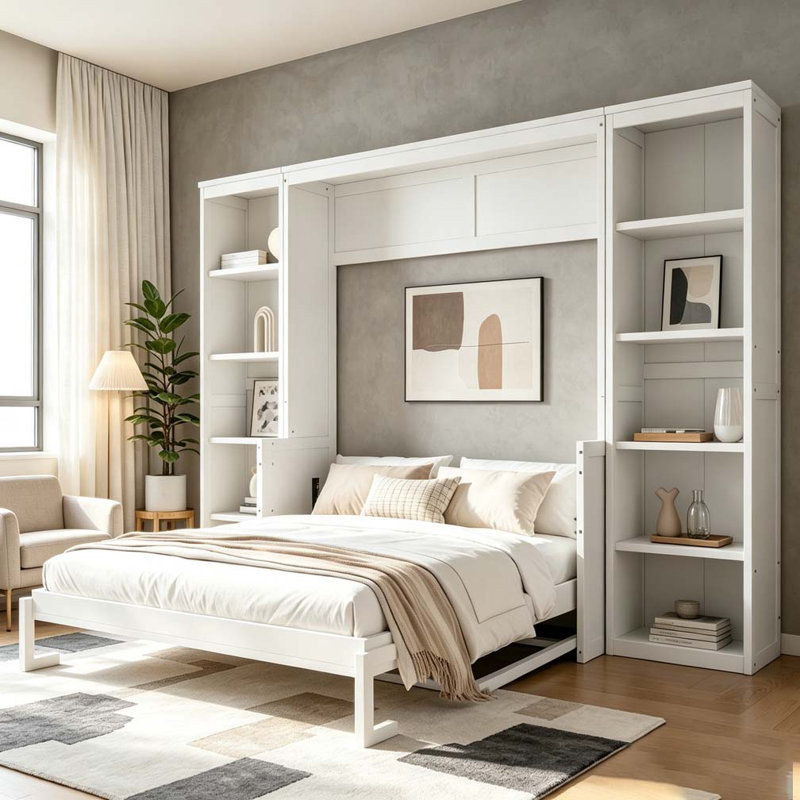 Grand lit escamotable avec bureau et tablettes, Blanc