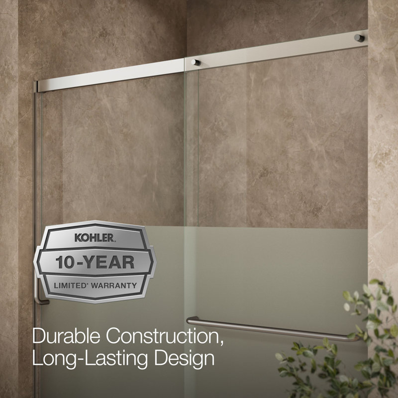 Elate Sliding Bath Door, 56-3/4-In H X 56-1/4 - 59-5/8-In W With Heavy 5/16-In Thick Crystal Clear Glass With Privacy Band