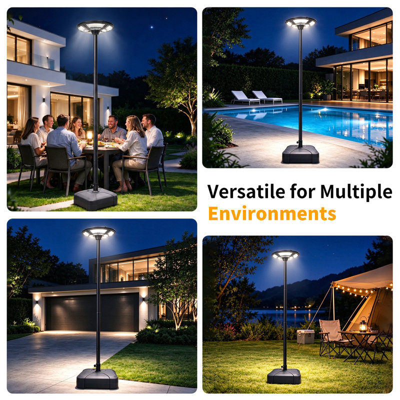 Lampe sur pied extérieure de 226 cm (89 pouces) avec mât en acier et base lestable, 750 DEL, alimentation solaire et recharge CC, étanchéité IP65