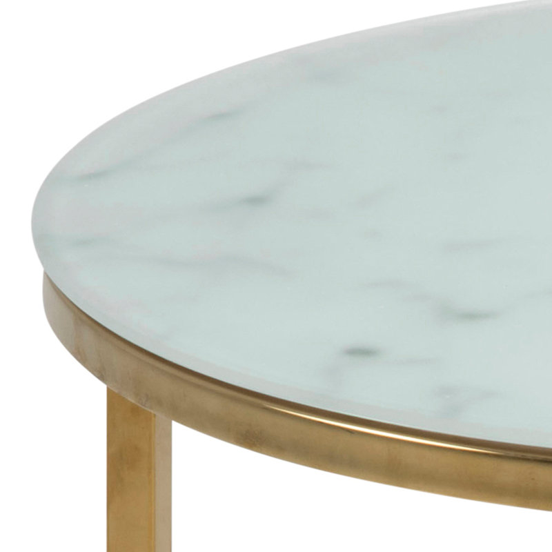 Alisma Round Side Table with Crystal Clear Marble Glass Top & Gold Legs, White/Gold