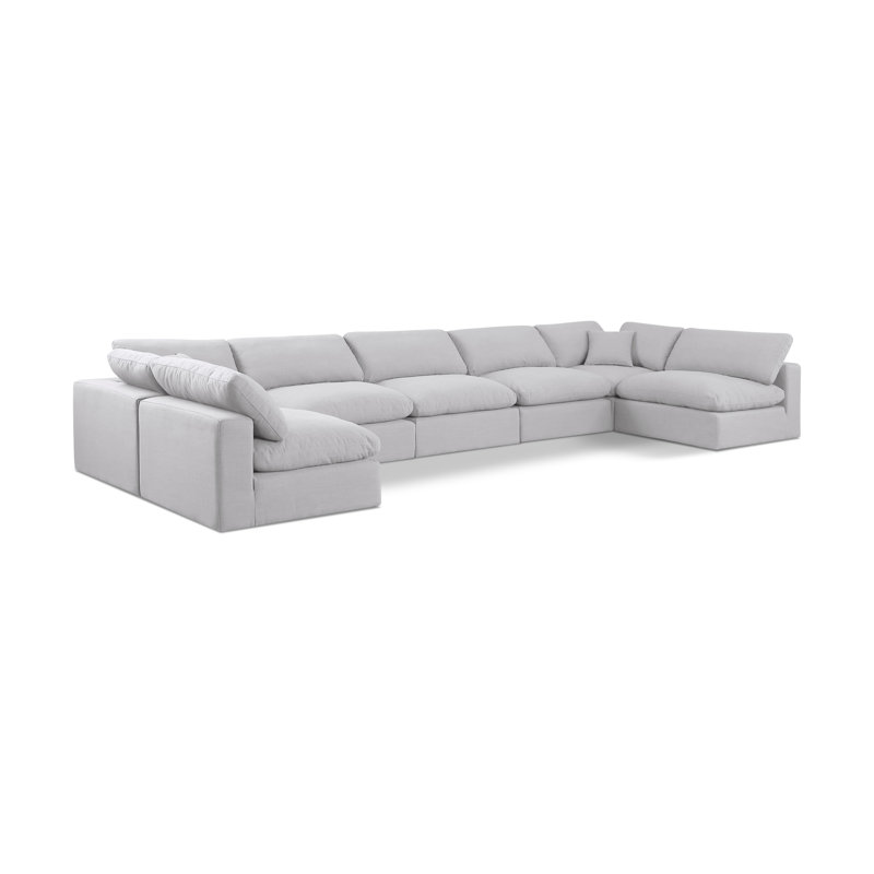 Hulen Upholstered U-Shaped Sectional Reversible, White Linen Textured Fabric