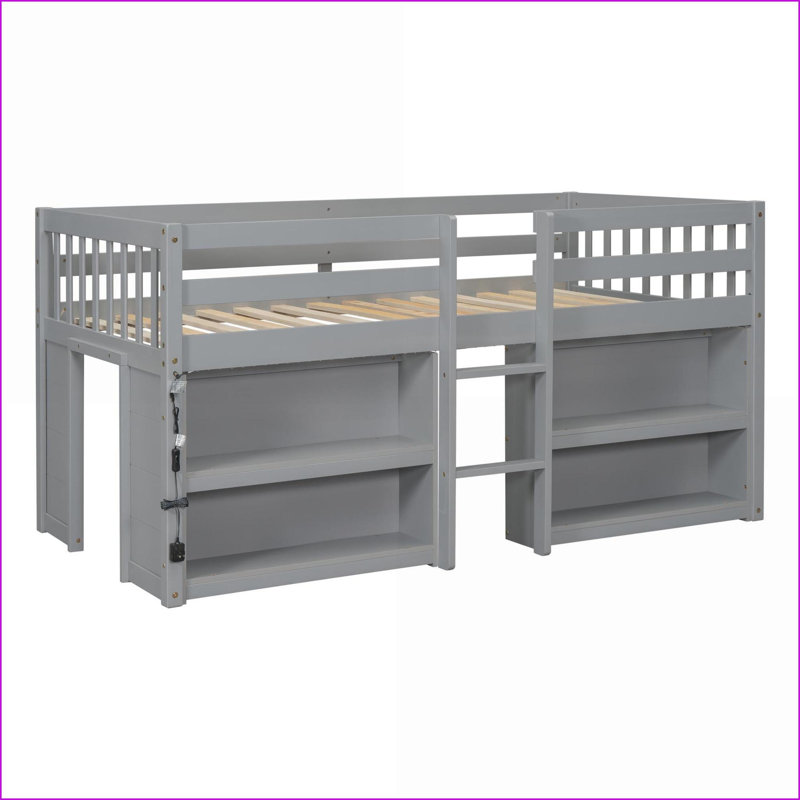 Lit simple mezzanine simple en bois de pin massif avec tablettes à 2 niveaux DEL gris clair sans sommier