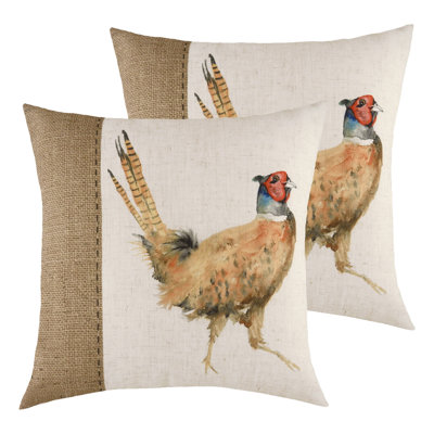 Hessian Pheasant White Square Throw Cushion