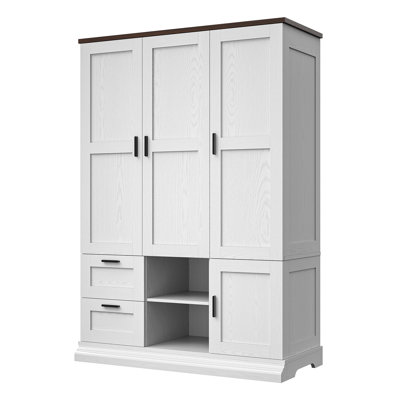 47.2" Wide Armoire Wardrobe Closet With 2 Drawers, 2 Hanging Rods, 3 Doors, Wooden Freestanding Bedroom Closet Cabinet With Adjustable Shelf, White