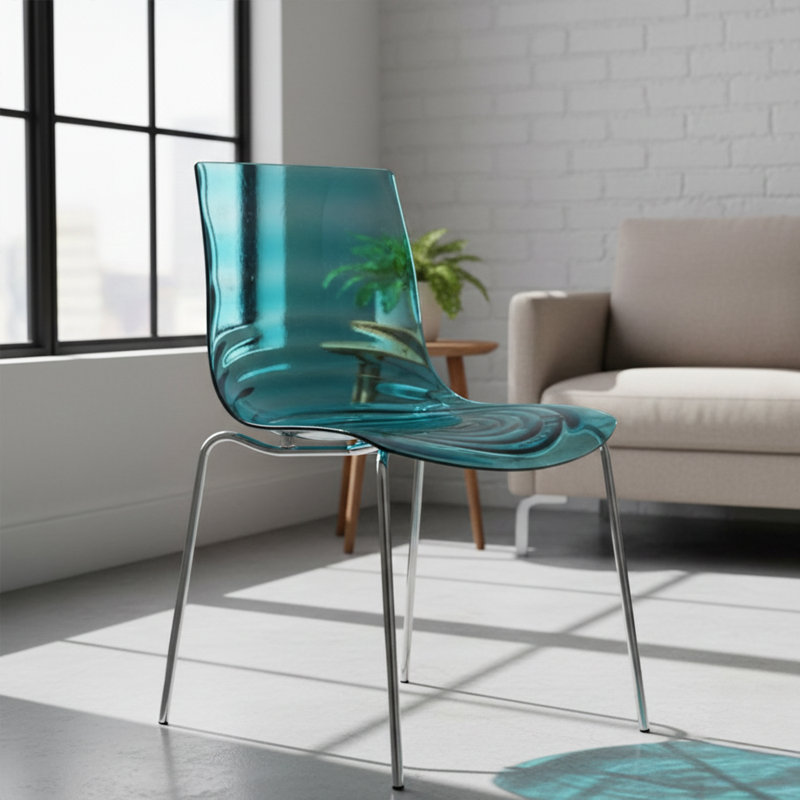 Clear Modern Acrylic Ghost Dining Chair - Modern Lucite Vanity Chair with Water Ripple Design - Chrome Mid Century Accent Seating