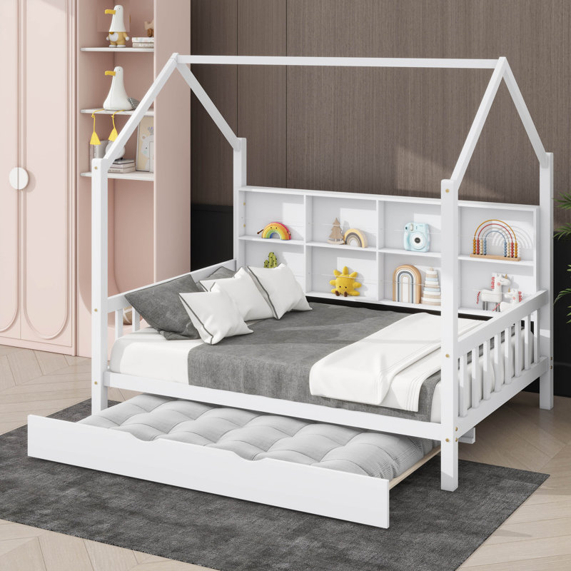 Lit double en forme de maison avec lit gigogne, lit pour enfant avec bibliothèque intégrée, Double