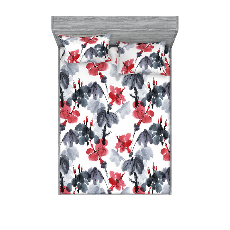 Drap-housse et taies décoratives 3 pièces Ambesonne, Rubis pâle, gris pâle / floral