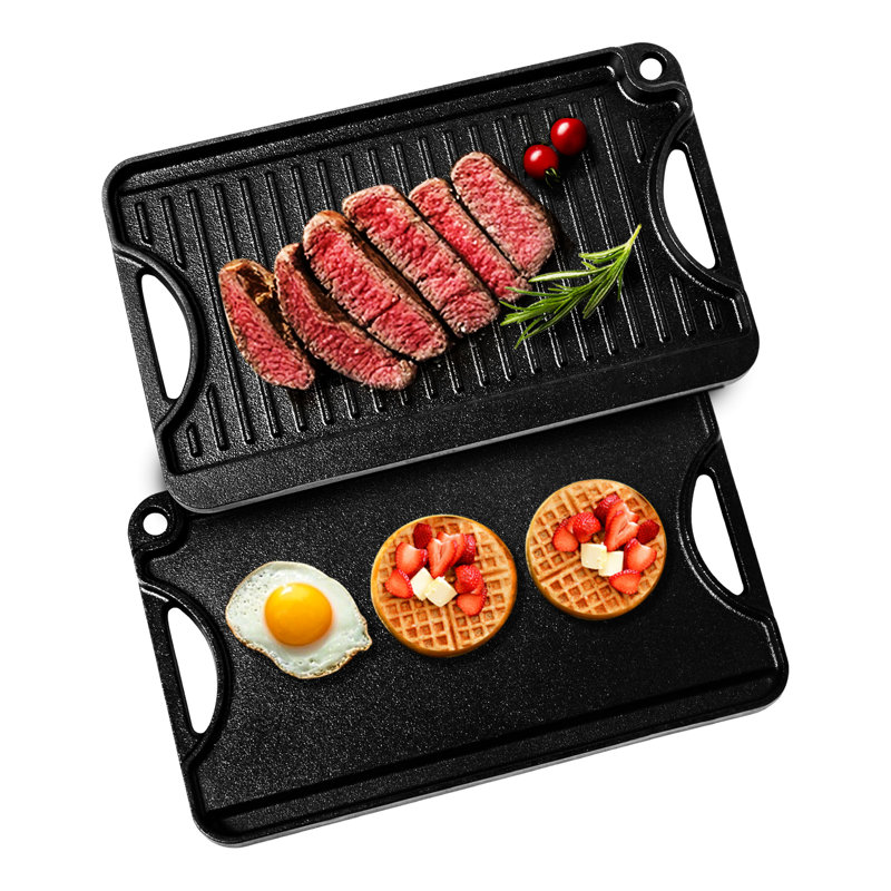 Plaque chauffante réversible en fonte noire de 14 po x 8,5 po, pré-assaisonnée pour cuisiner avec une chaleur constante une variété de plats