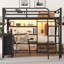 Grand lit mezzanine avec bureau et DEL, lit mezzanine en métal avec tablettes de rangement, garde-robe et tiroirs de rangement