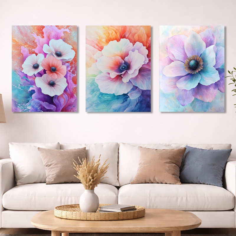 «Purple Dancing Symphony of Anemone - Poppies», art mural encadré 3 pièces, H 32 po x l 72 po, Toile tendue
