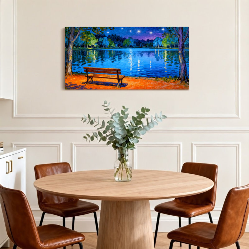 Paysage, nature, nuit, lac, banc, arbres, étoiles, réflexion, eau, ciel, H 24 po x l 48 po