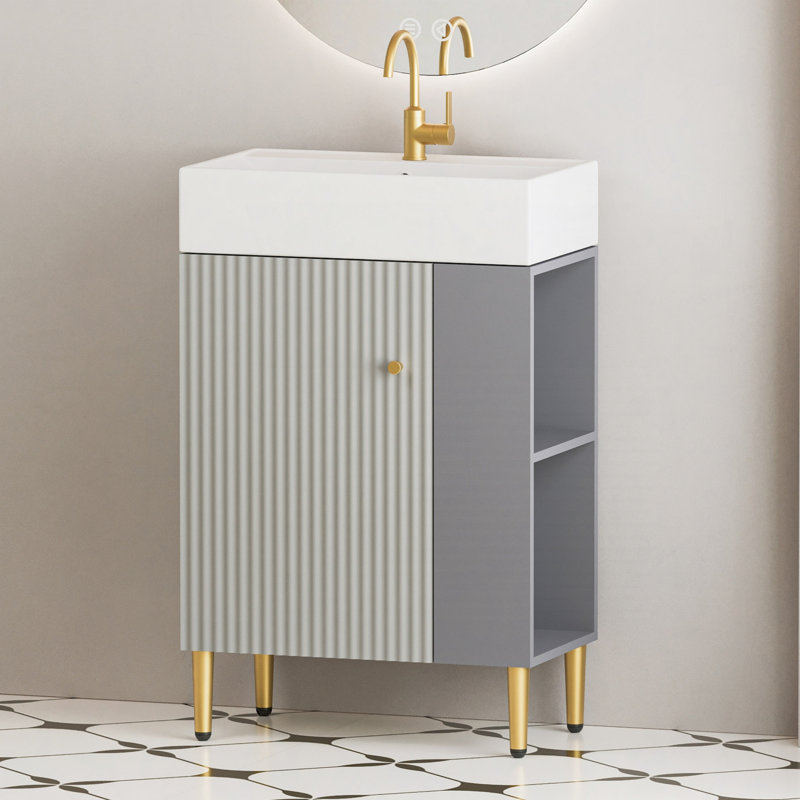 Meuble-lavabo à tablettes ouvertes de 21,6 po avec lavabo en céramique et porte à fermeture douce, armoire de rangement à tablettes ouvertes sur le côté droit, assemblage requis