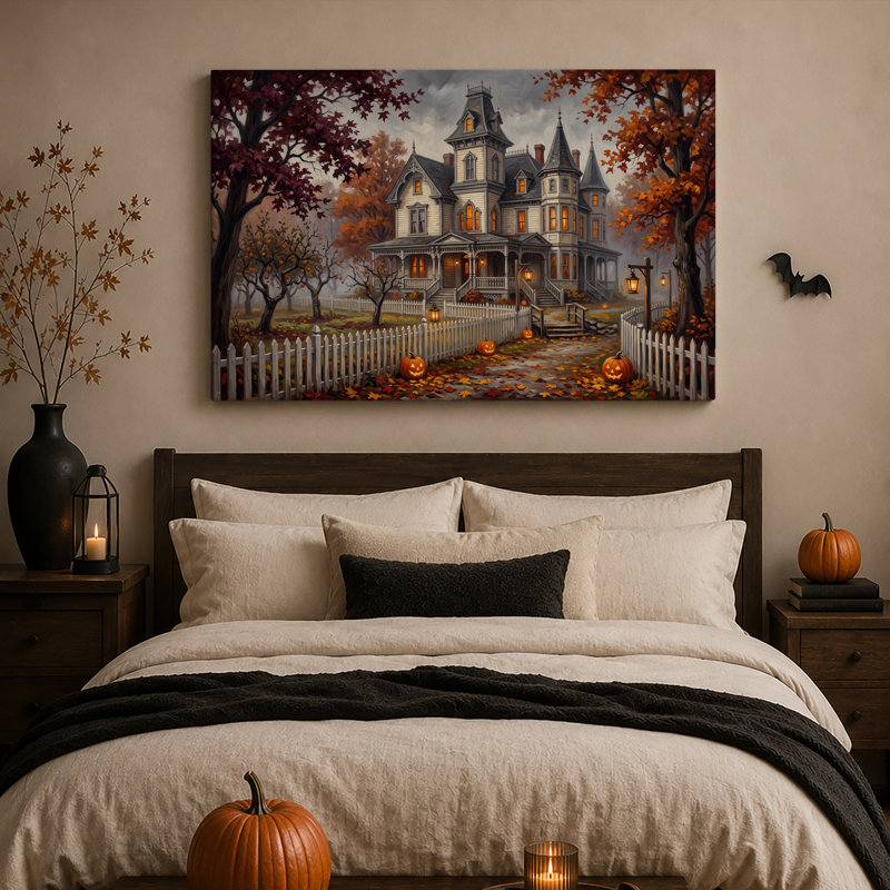Toile victorienne avec feuilles d'automne et Jack O Halloween, 24"H x 36"W